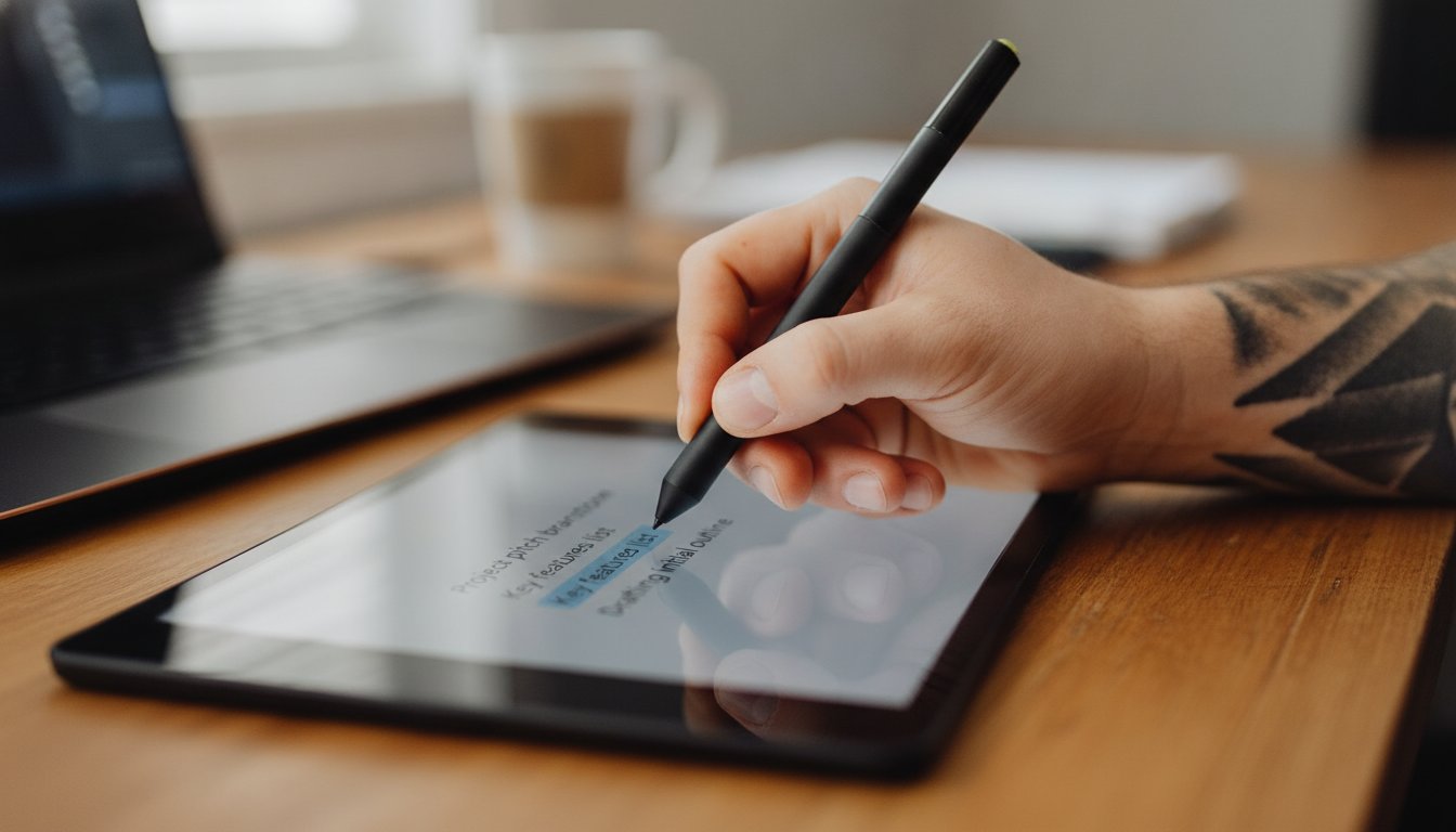 Hands holding a stylus over a tablet showing a list of draft lines, editing an AI draft before it goes out