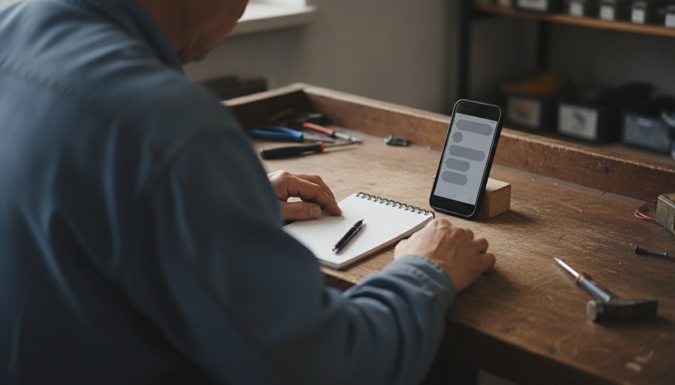 A notepad and pen beside a phone propped on a repair workbench showing a chat conversation, starting a 30-day AI trial
