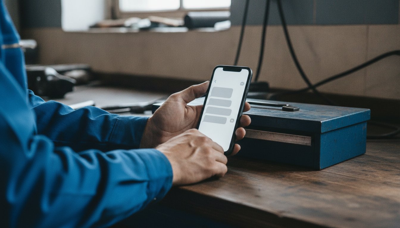 Hands holding a phone showing a chat conversation while testing a chatbot on a small repetitive task