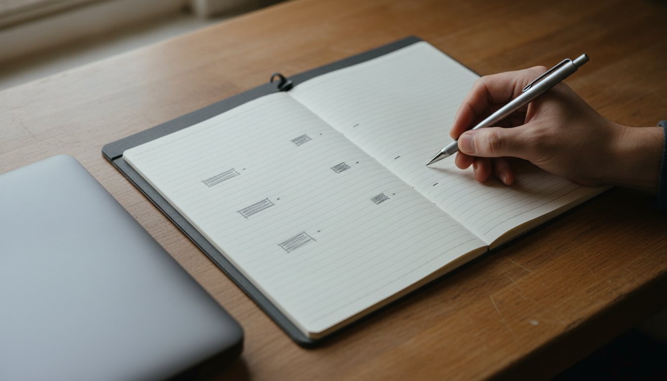 A hand resting a pen on an open notebook filled with grouped outline blocks, building the outline before drafting a page