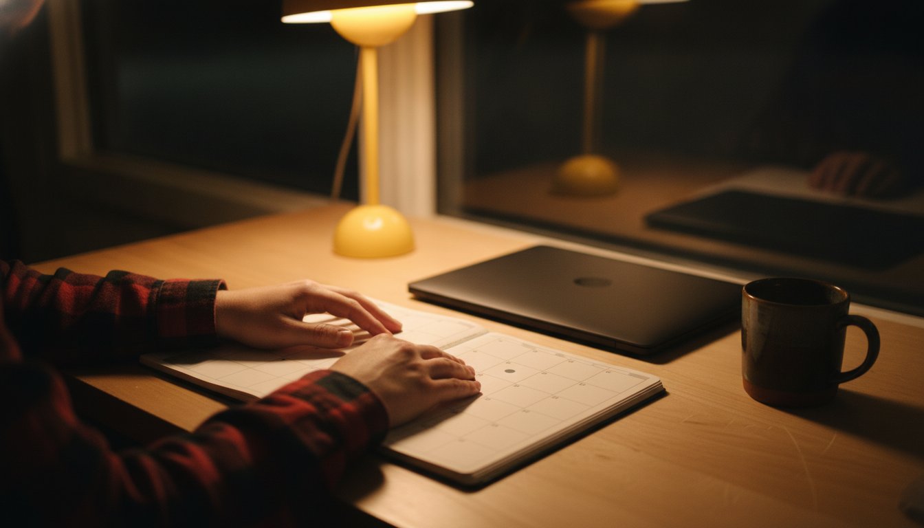 Hands resting on an open blank monthly planner on a desk lit by one lamp after closing, the calendar cadence that decides whether a business keeps writing content itself