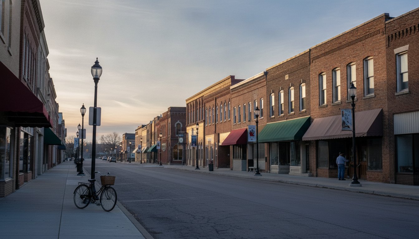 A quiet Southern Wisconsin main street at sunrise with a bicycle leaned against a lamppost, empty sky above, the small-town backdrop this SEO writing method is built for