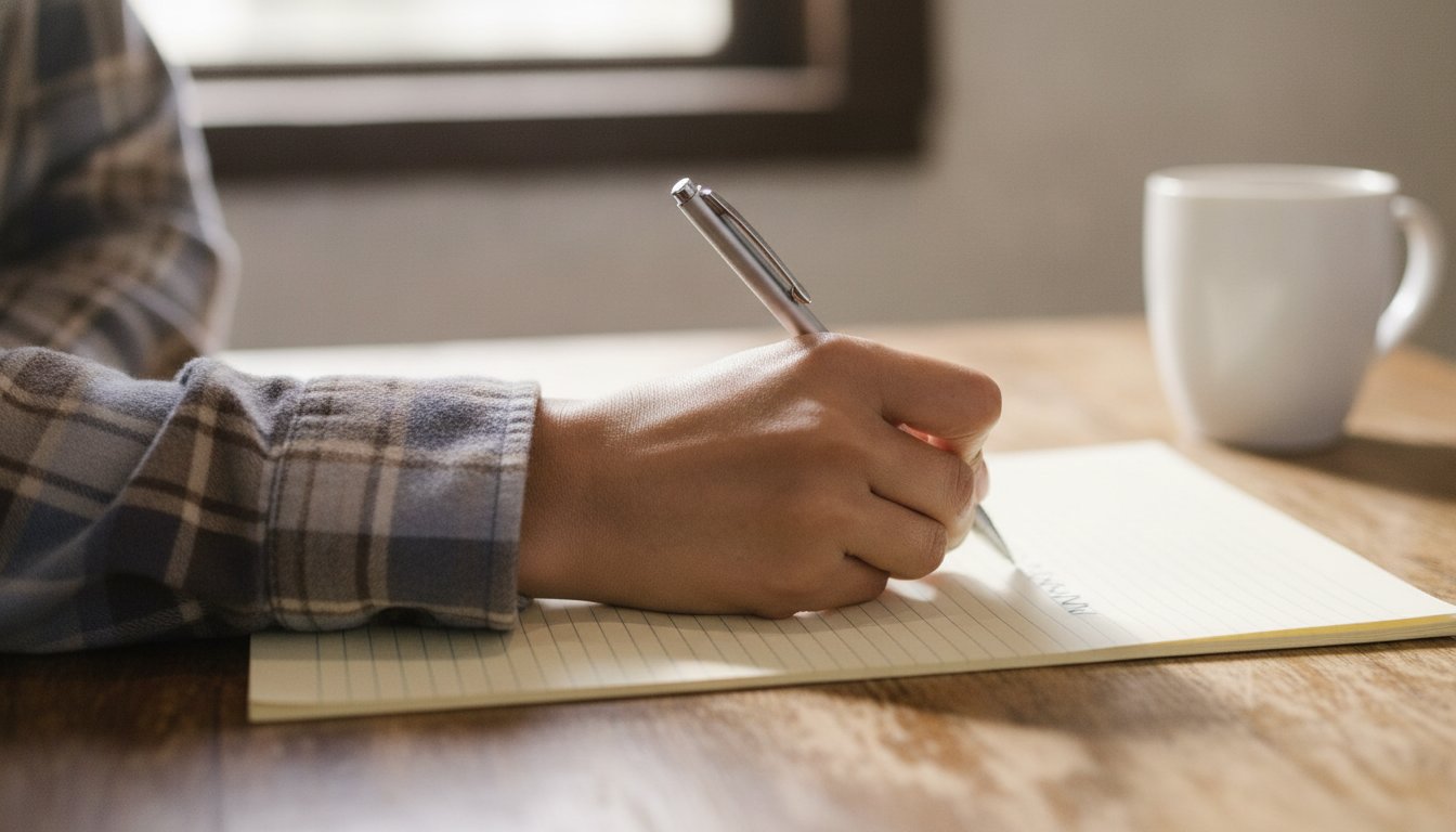 Hands typing at a farm-office desk with a laptop showing a structured page layout of a bold heading and short paragraphs, the direct-answer-first method this page follows