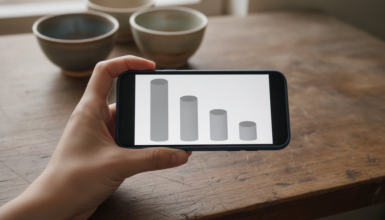 A hand holding a phone showing a bar chart of declining columns, the effective fee rate at different Etsy order sizes