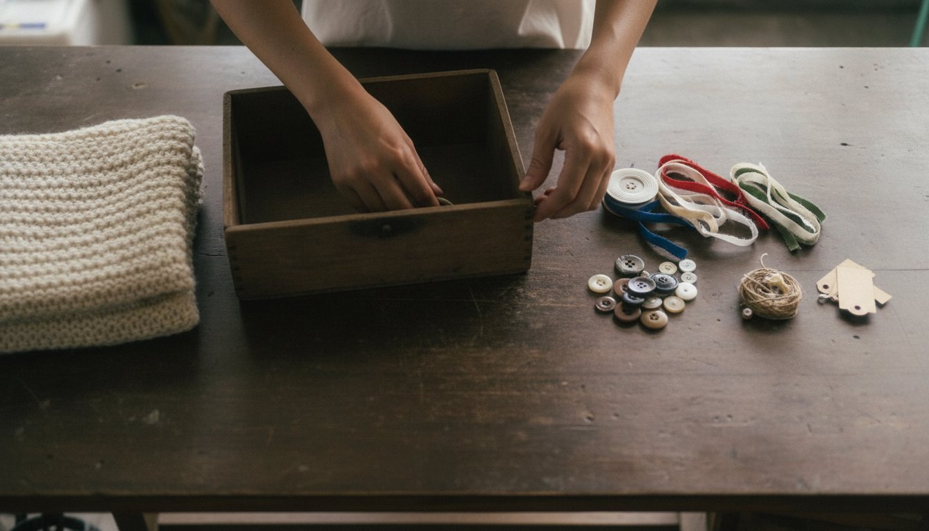 Hands sorting a knitted item, a vintage wooden box, and craft supplies into piles, the three categories Etsy allows sellers to list