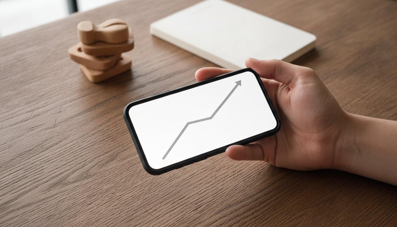 A hand holding a phone showing a line climbing upward, the month over month growth signal in Etsy's 90 day niche test
