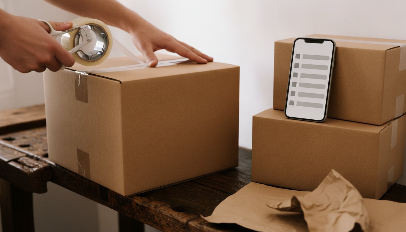 Hands taping a shipping box shut beside a phone showing a short list, the hidden costs and rules that catch Etsy sellers