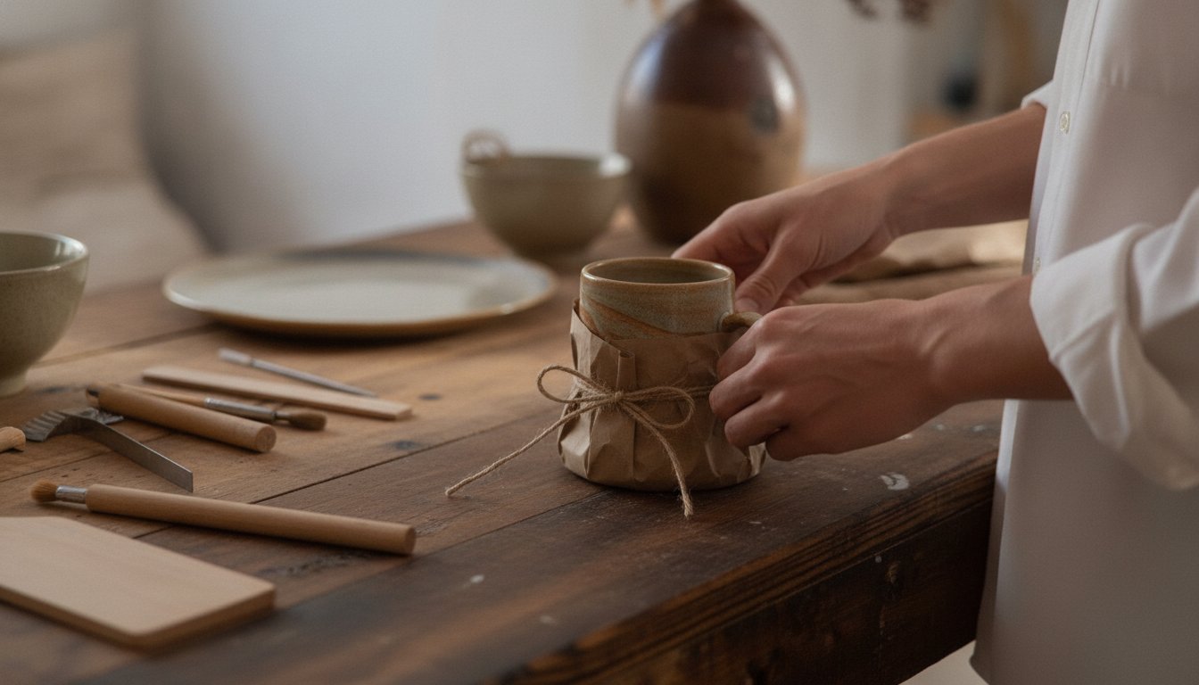 A pottery and woodworking maker seen from behind at his workbench, a laptop showing a six tile shop grid and packed boxes nearby, weighing whether selling on Etsy is worth it