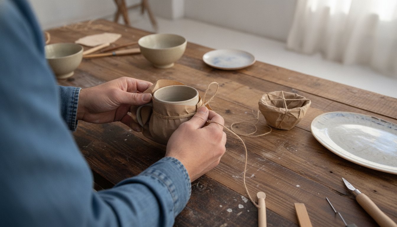 Hands wrapping a finished ceramic mug in kraft paper and twine at a workbench, the everyday work fee math has to justify
