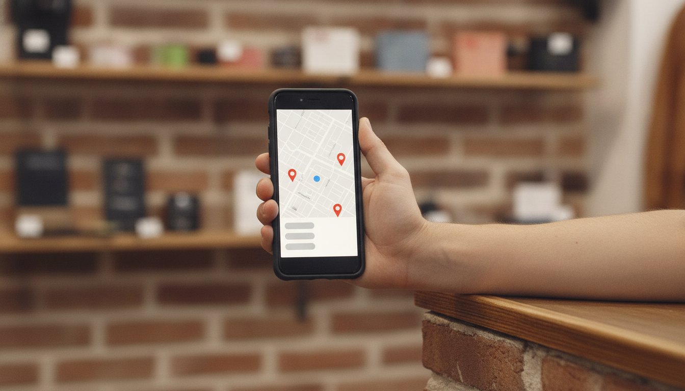 A hand holding a phone showing a local map with pins outside a brick storefront, proof local SEO still sends customers to a real business