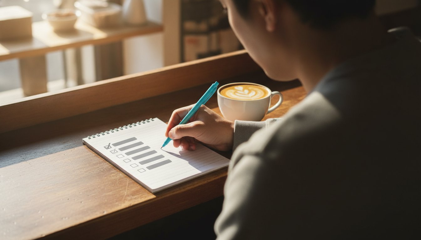 Shop owner writing through a checklist in a notepad at the counter, the concrete steps to take instead of panicking about AI search