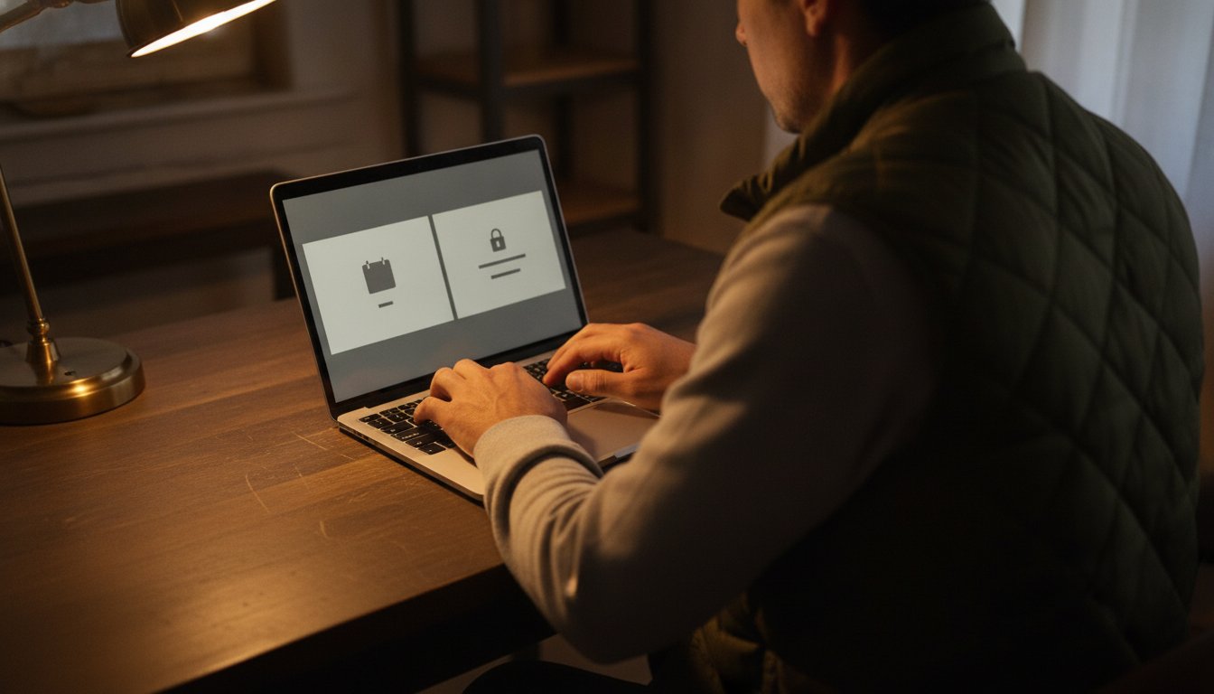 A laptop screen showing a domain age lookup panel beside a site safety check panel with a padlock icon
