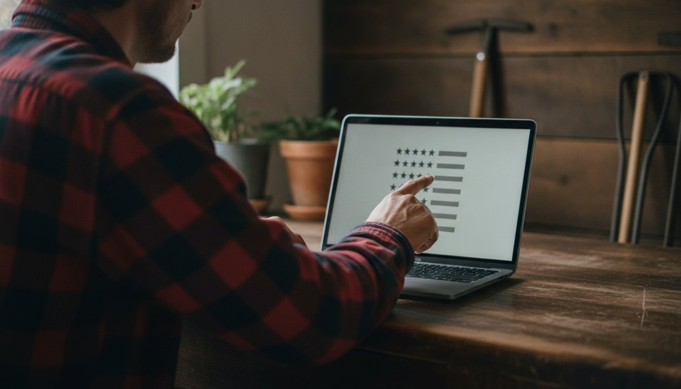 Pointing at a laptop screen showing a stacked list of star-rating review rows to spot patterns in fake reviews