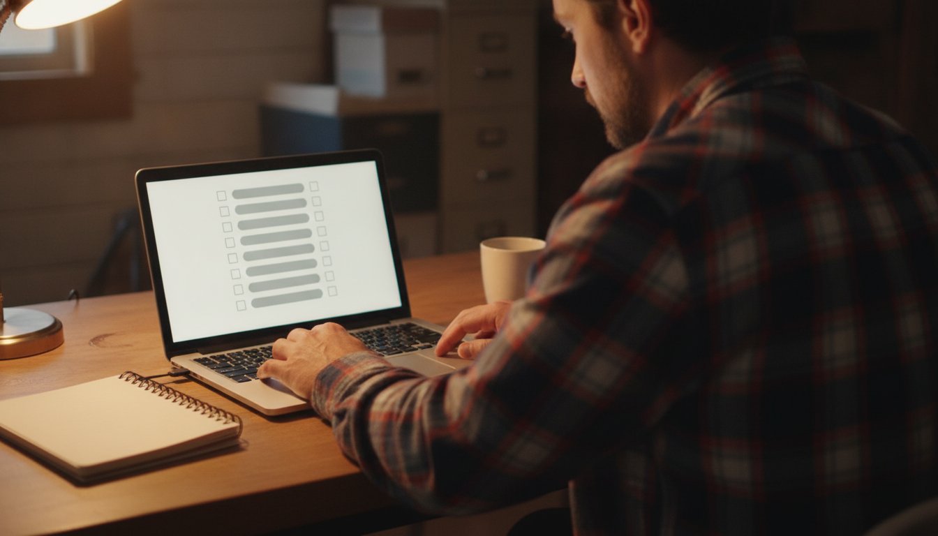 A small business owner after closing running through a laptop checklist with empty tick boxes, notebook and mug beside it
