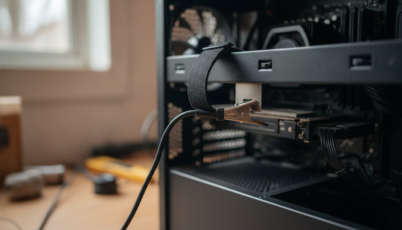 A hand near an open PC case on a repair bench, checking the grounding step a vacuum nozzle skips