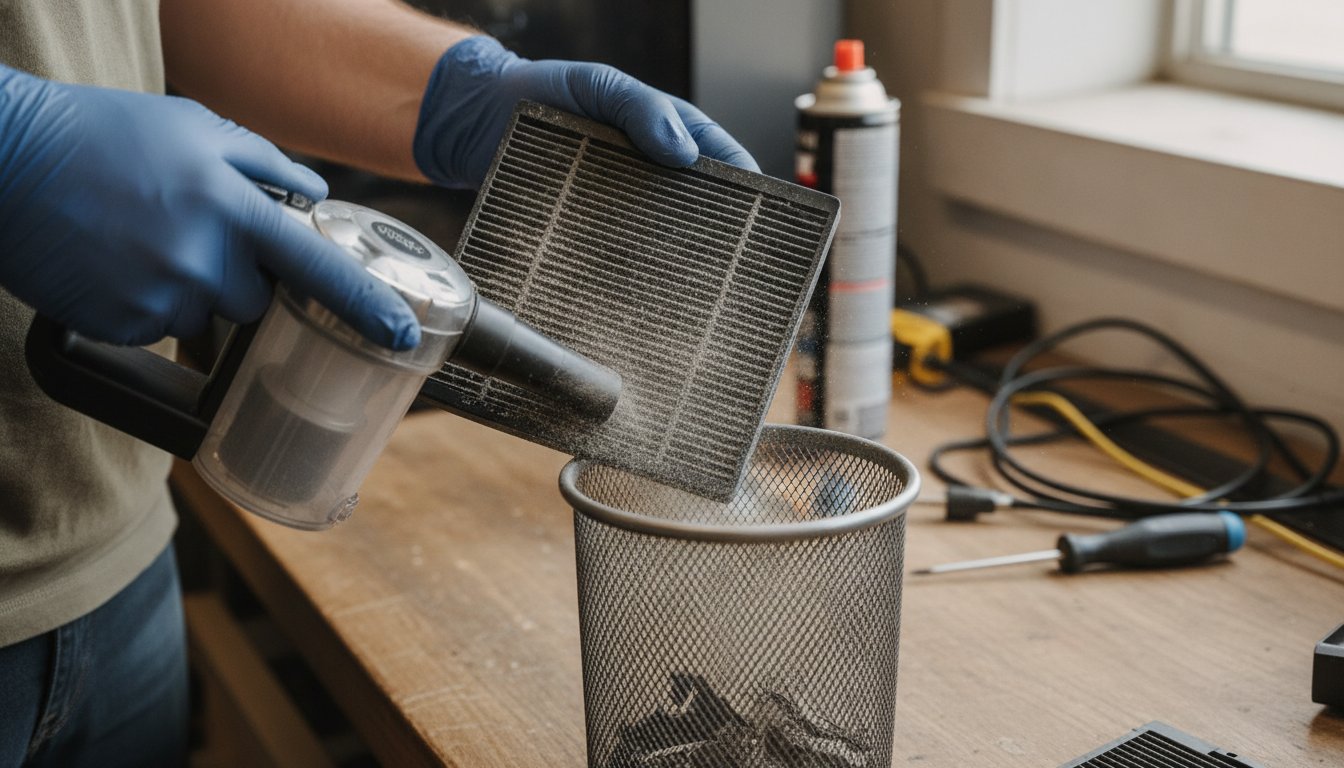 A gloved hand vacuuming a removed PC dust filter held away from the case over a trash can