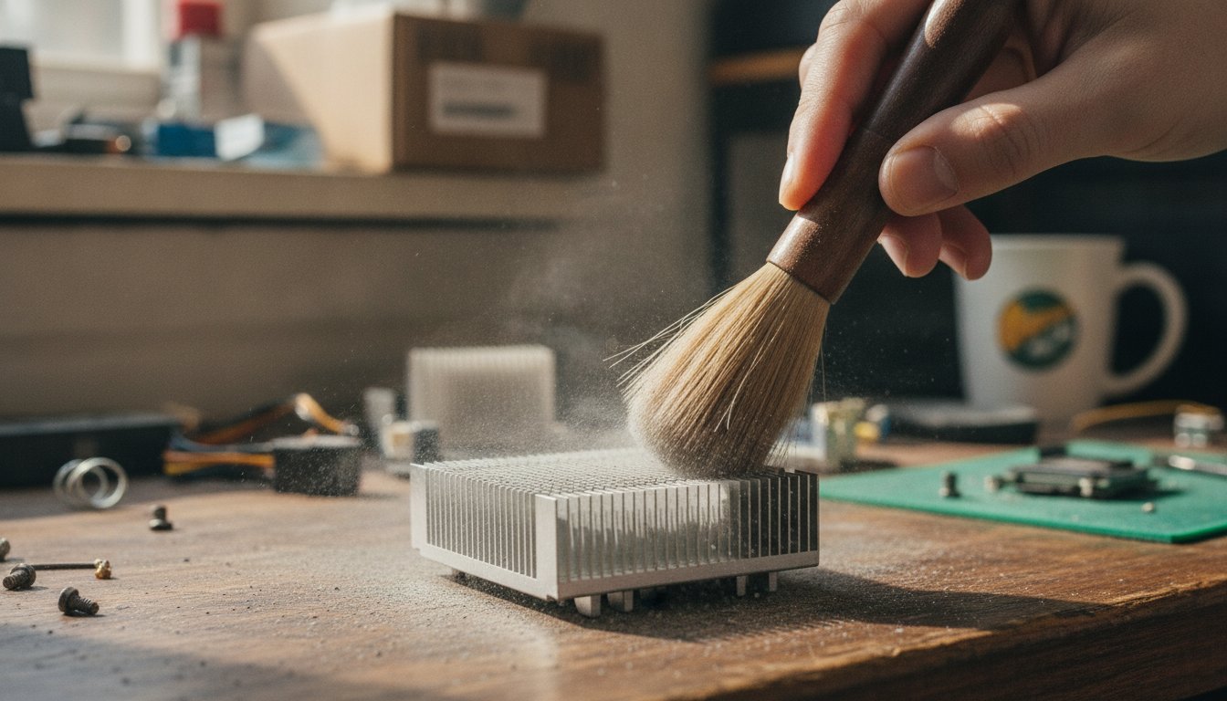 A soft bristle brush lifting packed dust off heatsink fins, close up