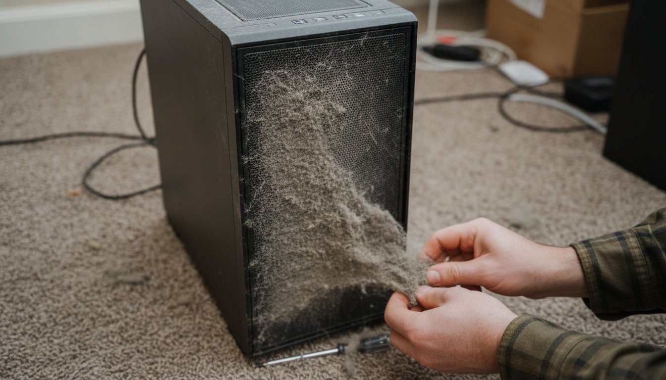 A laptop with cracked screen damage on a repair bench, the kind of harm a vacuum's static charge can cause