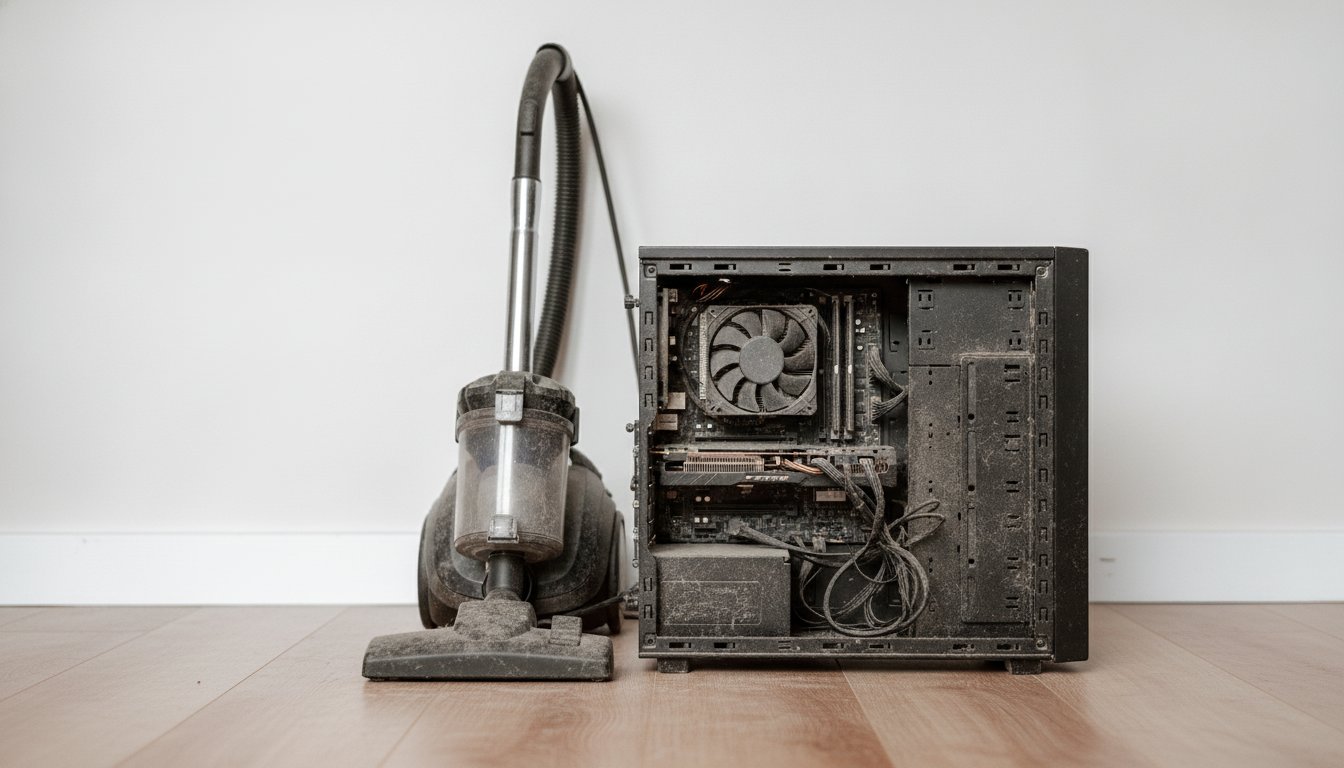 A household vacuum cleaner standing beside an open, dust-filled desktop PC