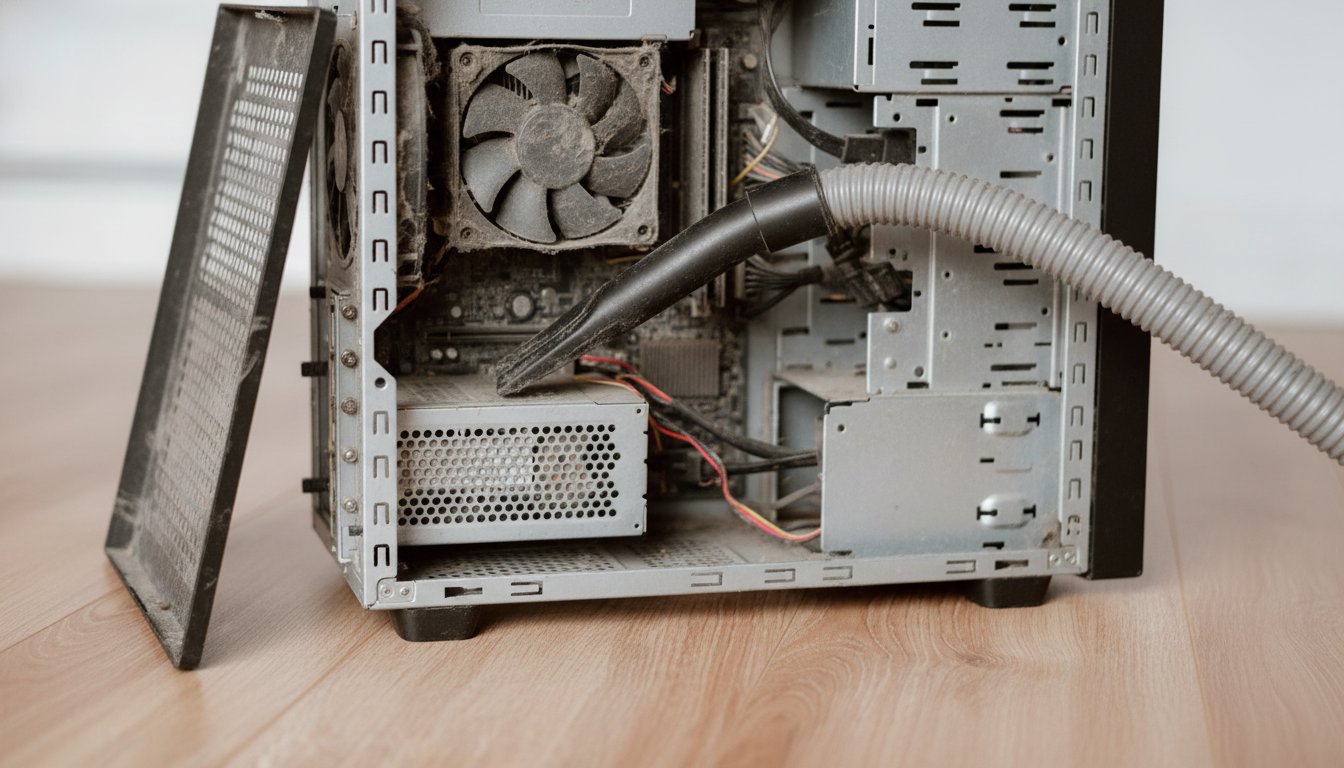 A household vacuum hose nozzle reaching inside an open dusty desktop PC, the unsafe way to clean a computer