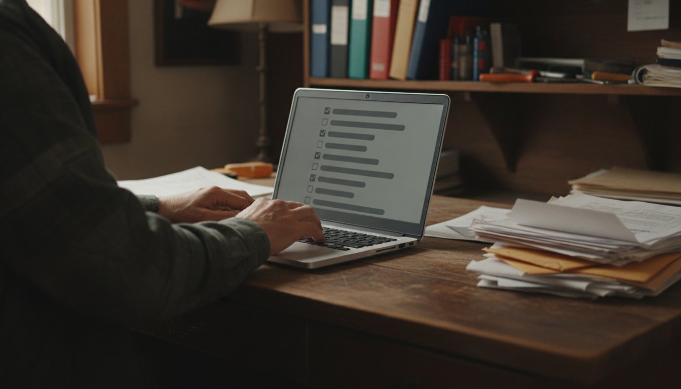 A pair of hands typing at a cluttered farm-office desk, a laptop showing a checklist with several items already checked off, working through the full Google Business Profile checklist