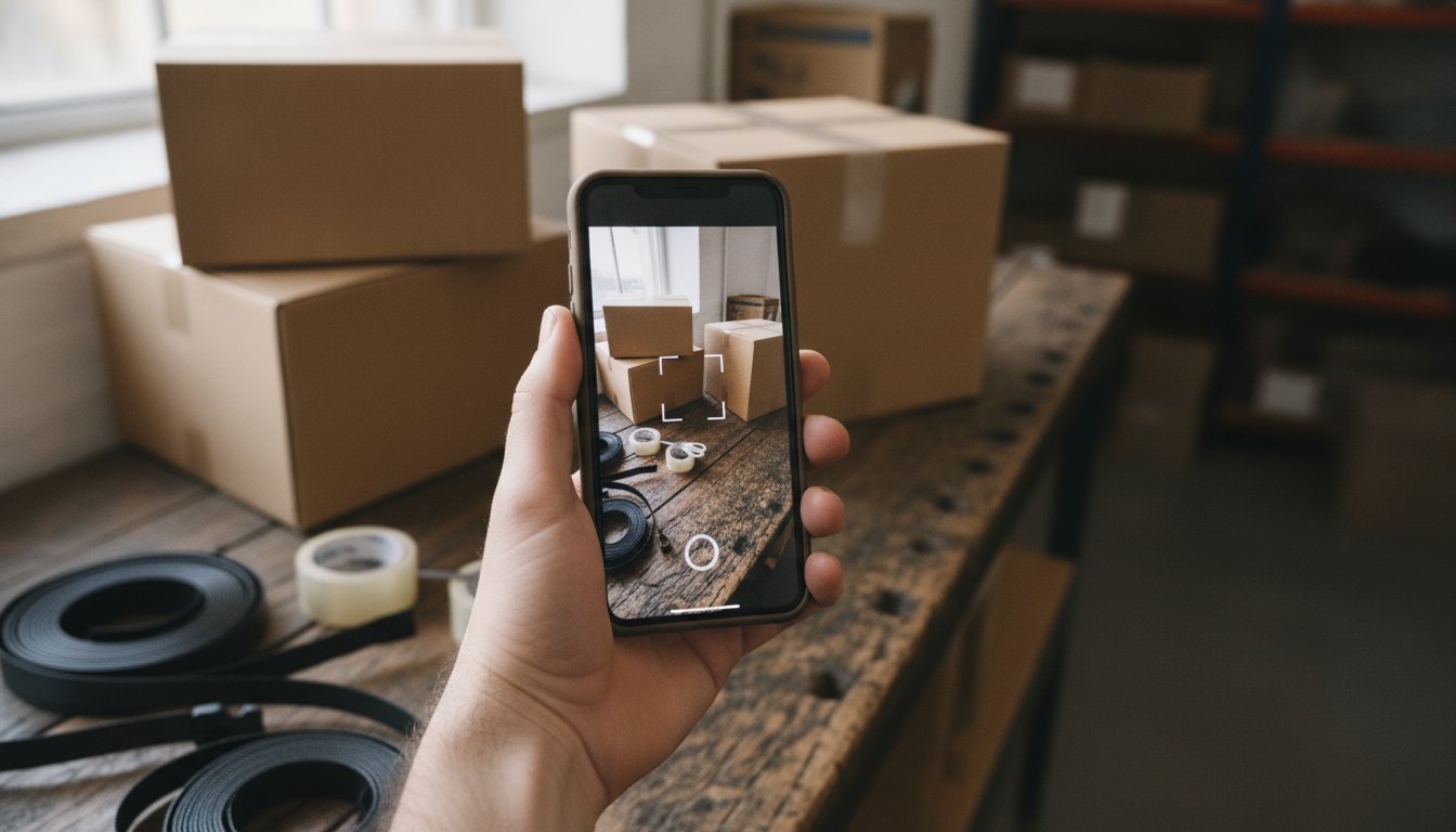 A hand photographing a packing bench mid-order through a phone's camera viewfinder, the kind of real, in-focus photo that gets a Google Business Profile clicked