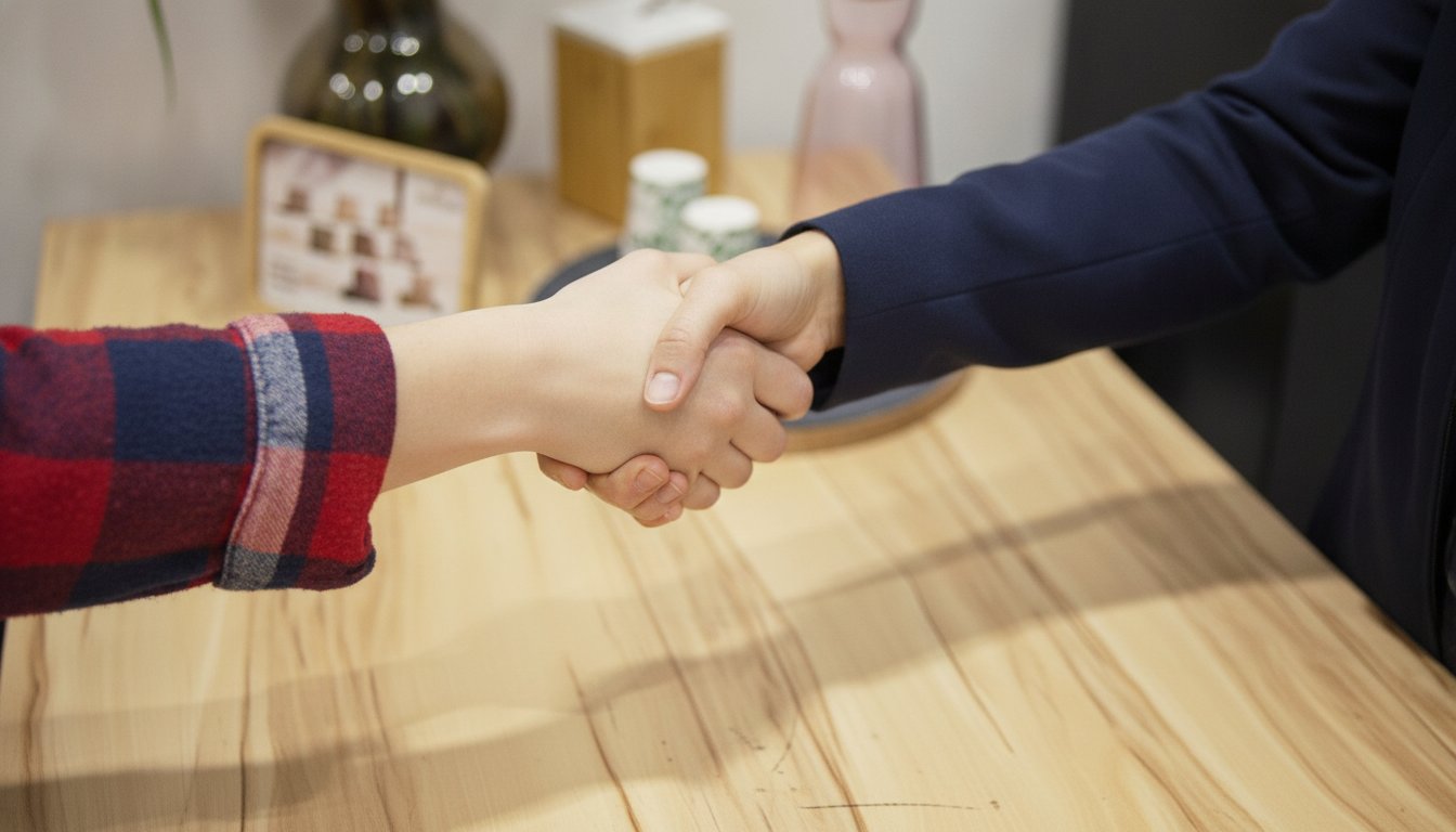 A hand passing a phone across a shop counter showing a short message thread with a row of star shapes beneath it, asking a customer for a Google review