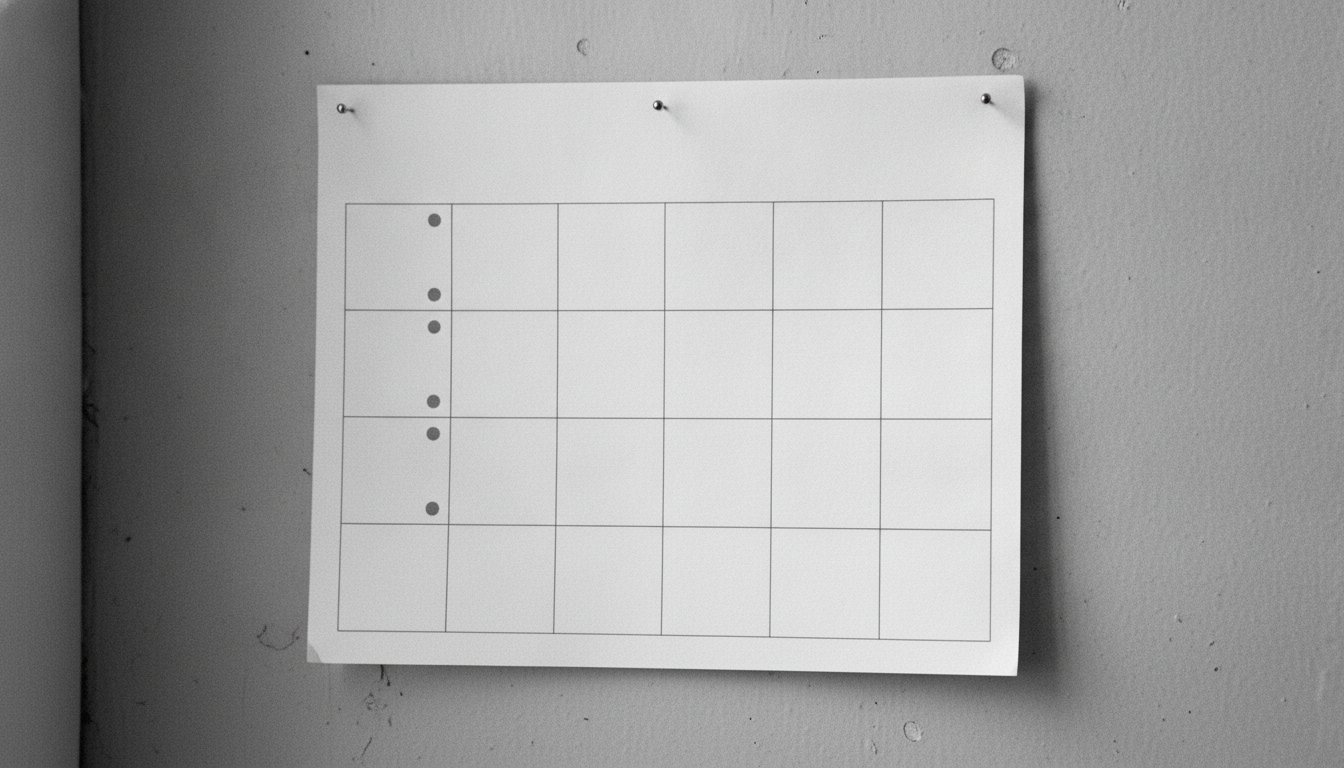 A hand holding a tablet in a stockroom showing a row of seven day markers, some filled and some empty, the weekly posting cadence a Google Business Profile needs