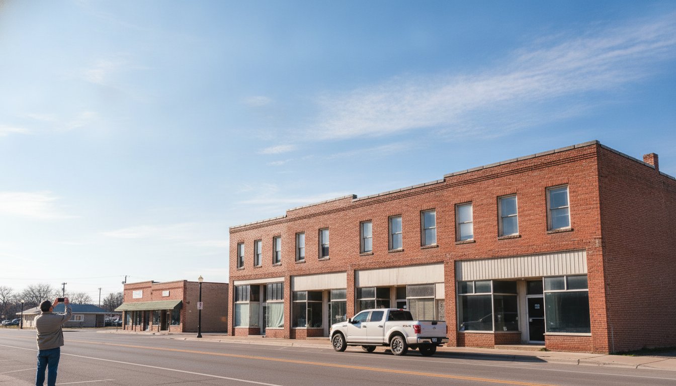A small Northwest Illinois main street in the morning, a shop owner photographing his own storefront from across the street, the kind of real photo a Google Business Profile needs