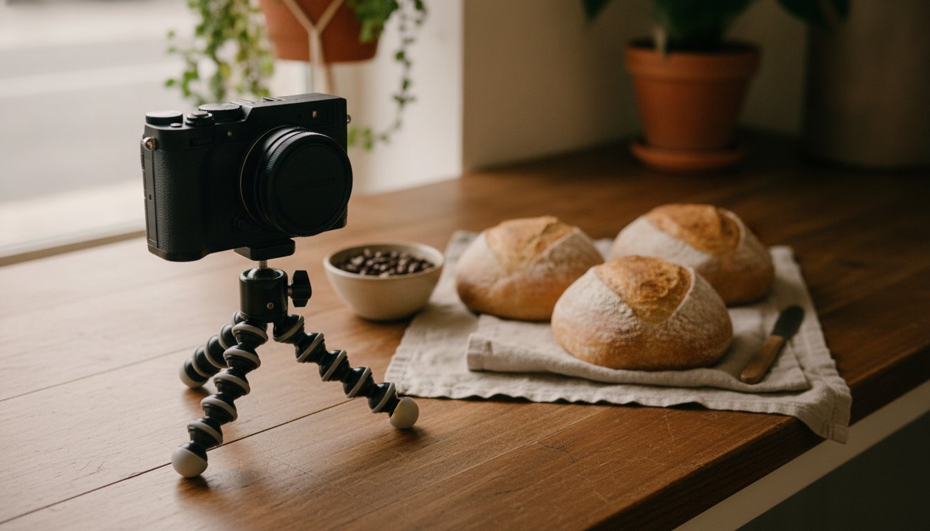 A hand holding a phone with its camera viewfinder open inside a small bakery, shelves of bread blurred behind, taking a real photo for a Google Business Profile