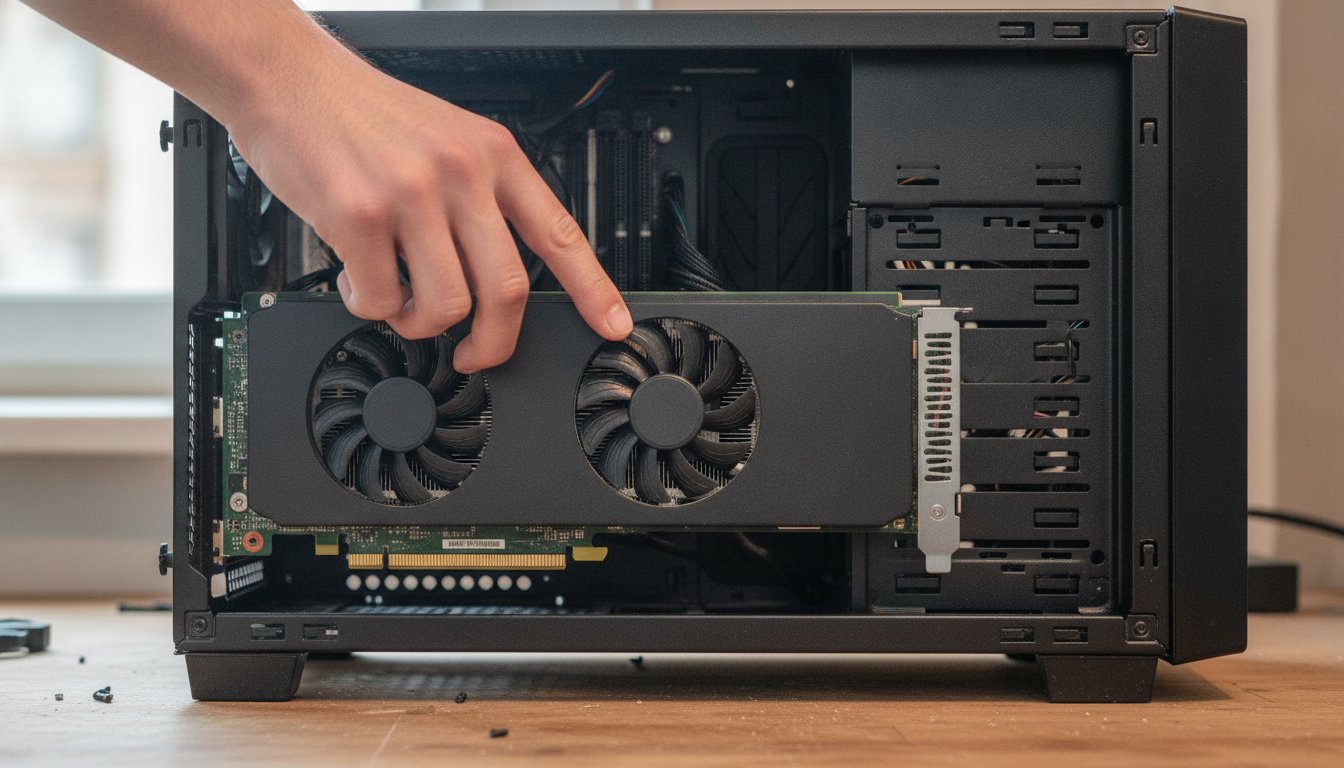 Test fitting a graphics card inside an empty case to check clearance, the check that prevents the most expensive PC building mistakes
