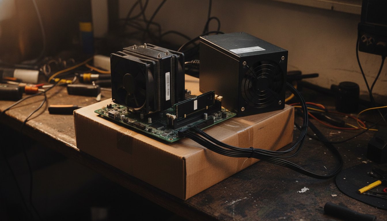 A stripped down test build assembled on the motherboard box, the method that finds why a new PC will not turn on