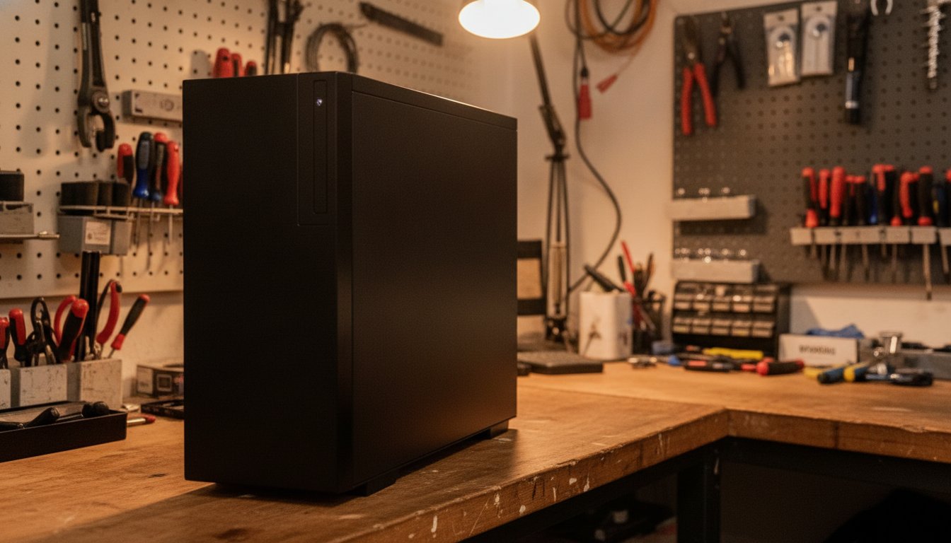 A finished custom PC waiting on a shop counter, the paid assembly path for anyone who would rather not build it themselves