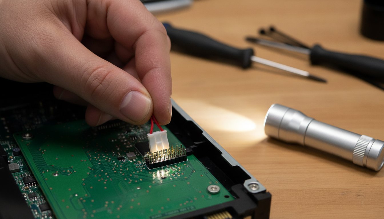A front panel connector held above the motherboard header pins, the small connector behind many first time PC building mistakes