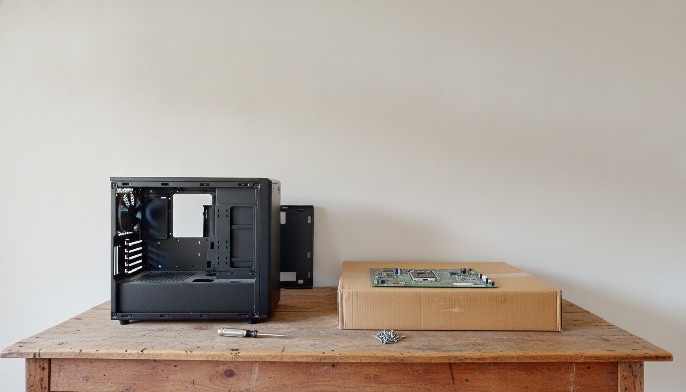 An open case, a motherboard on its box and a screwdriver on a workbench, the calm start of a first PC build