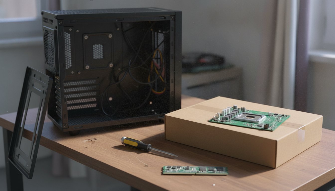 A first time builder's desk with the case, motherboard and parts laid out, showing that building a PC is organised work, not hard work