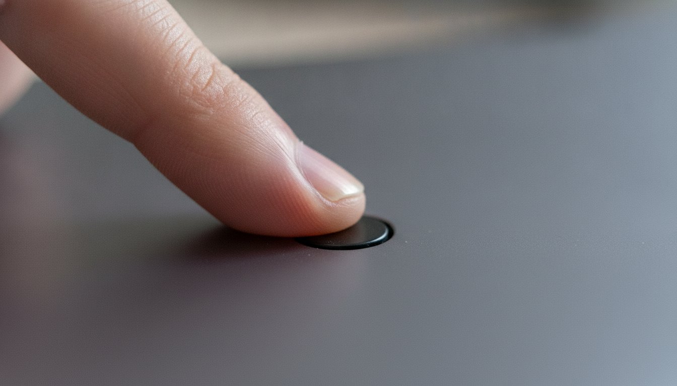 A finger holding down a laptop power button to interrupt startup and reach the Windows recovery menu