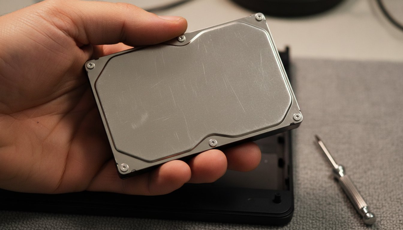 Laptop hard drive removed by hand for diagnostics after a Preparing Automatic Repair loop