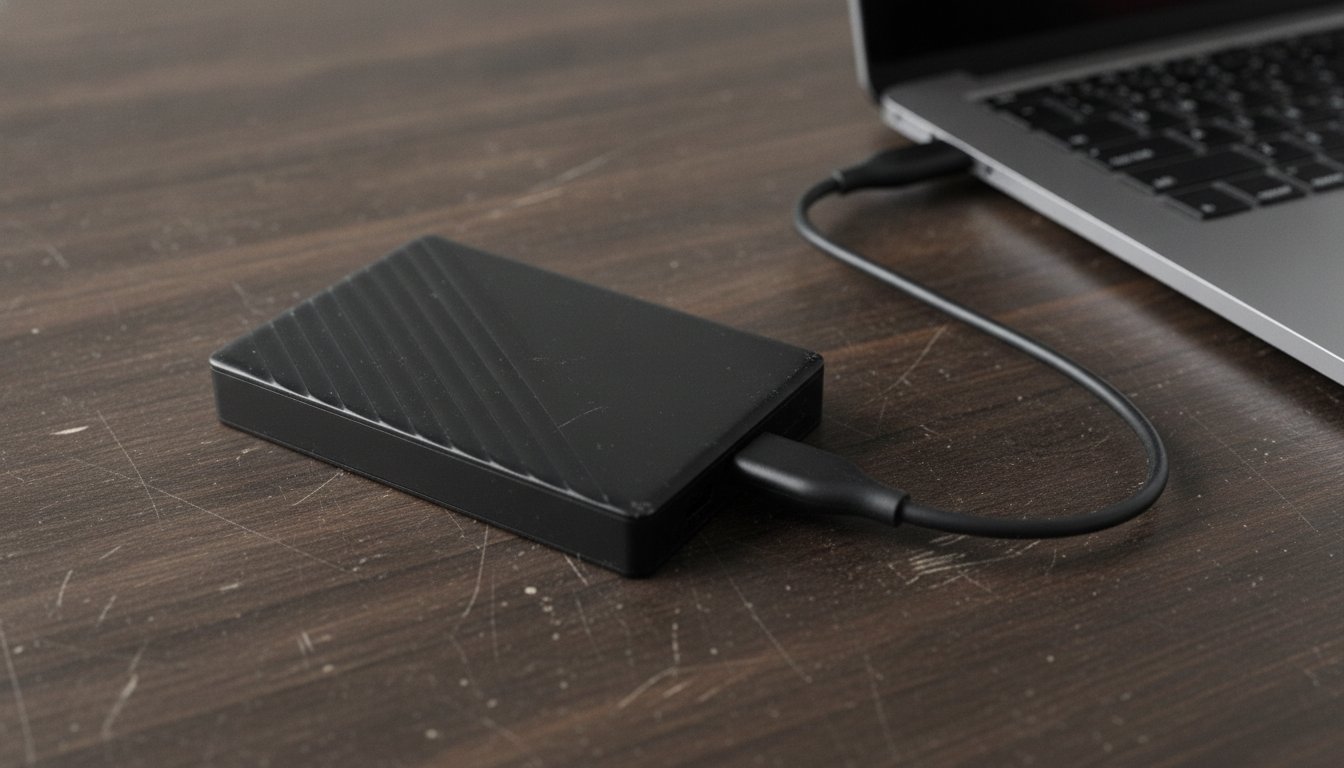 External backup drive plugged into a laptop as everyday protection against another repair loop