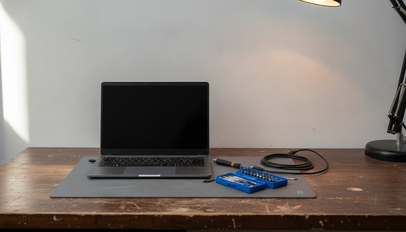 Laptop sitting dark on a repair bench after Windows failed to start