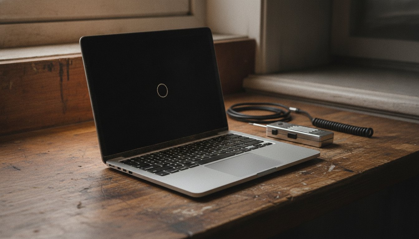 Laptop open on a repair bench showing a dark screen with a spinning loading ring during Preparing Automatic Repair