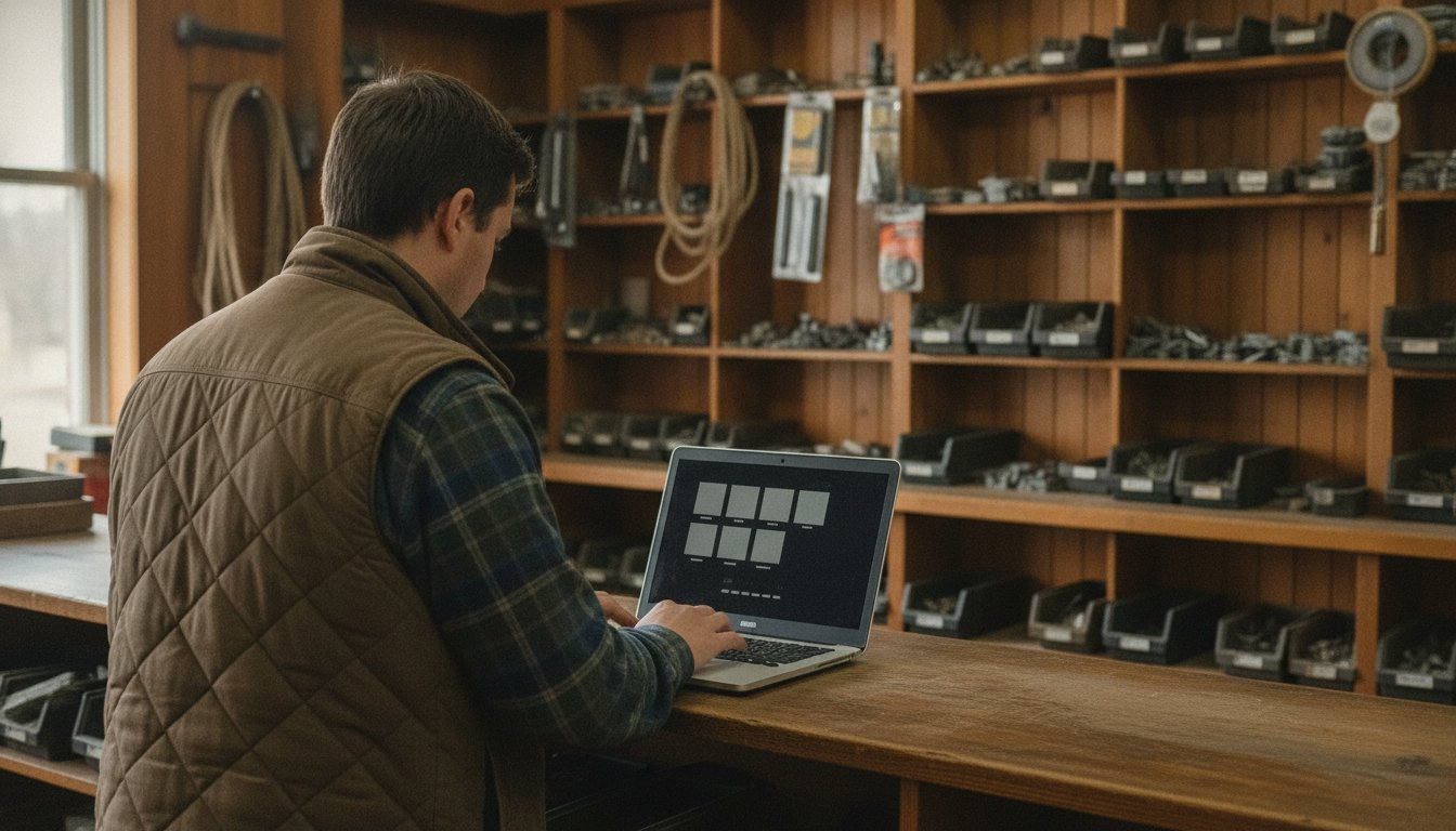 A shop owner at a hardware store counter using a laptop showing a product listing grid and an order-sync progress row for the free Shopify Marketplace Connect Etsy integration