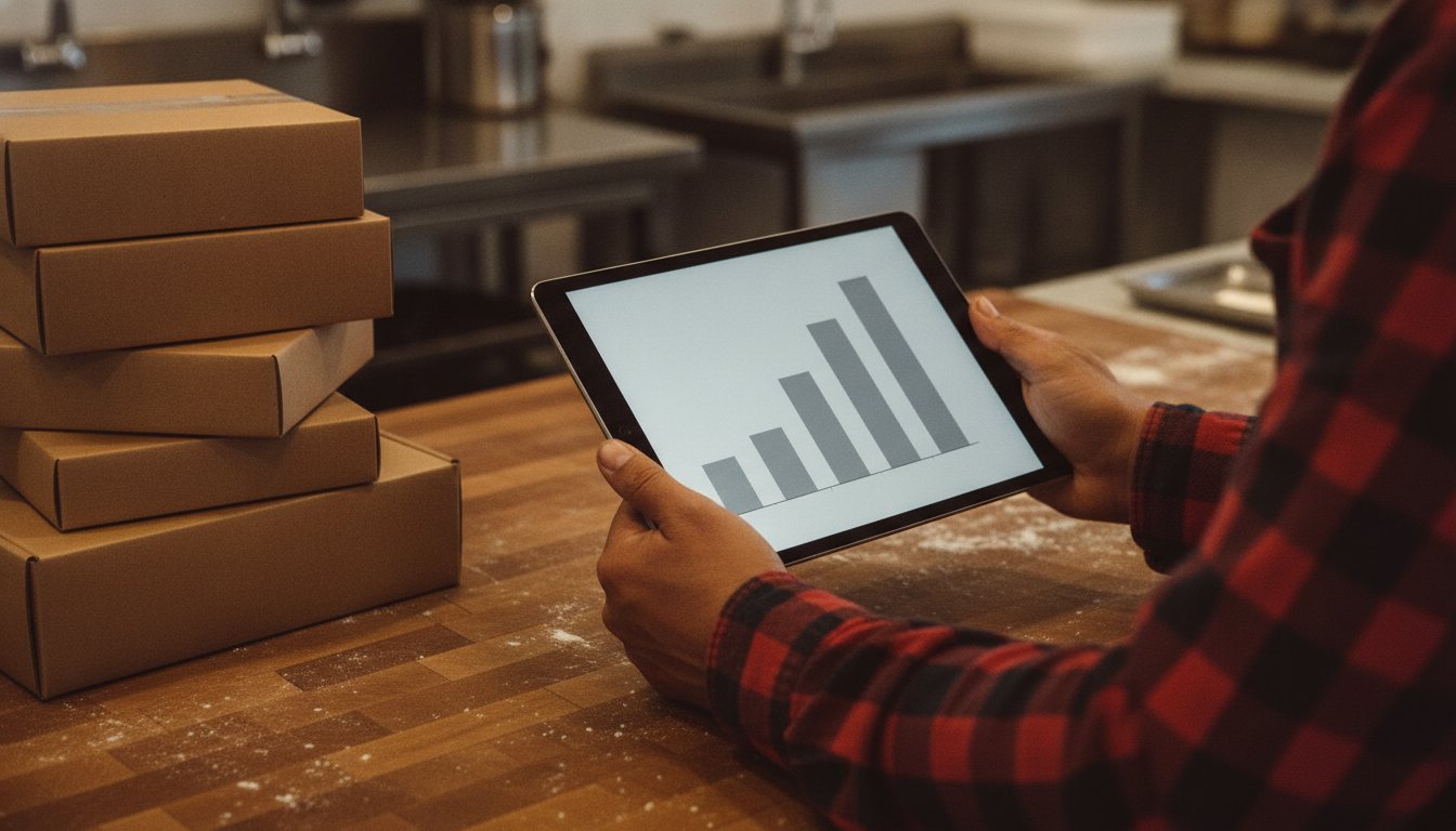 Hands holding a tablet showing a bar chart of rising cost tiers at a bakery counter, comparing what paid Etsy and Shopify integration apps cost per month