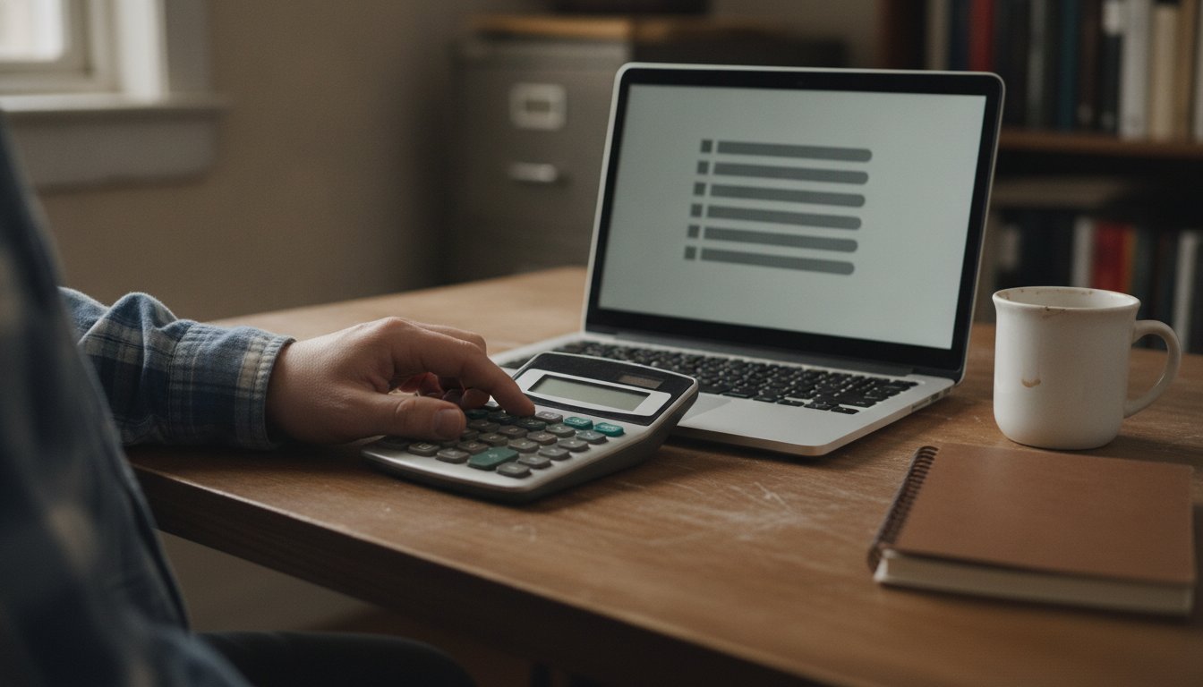 A hand on a calculator beside a laptop showing a plain order list at a farm office desk, tracking sales across an Etsy shop and a Shopify store for sales tax purposes