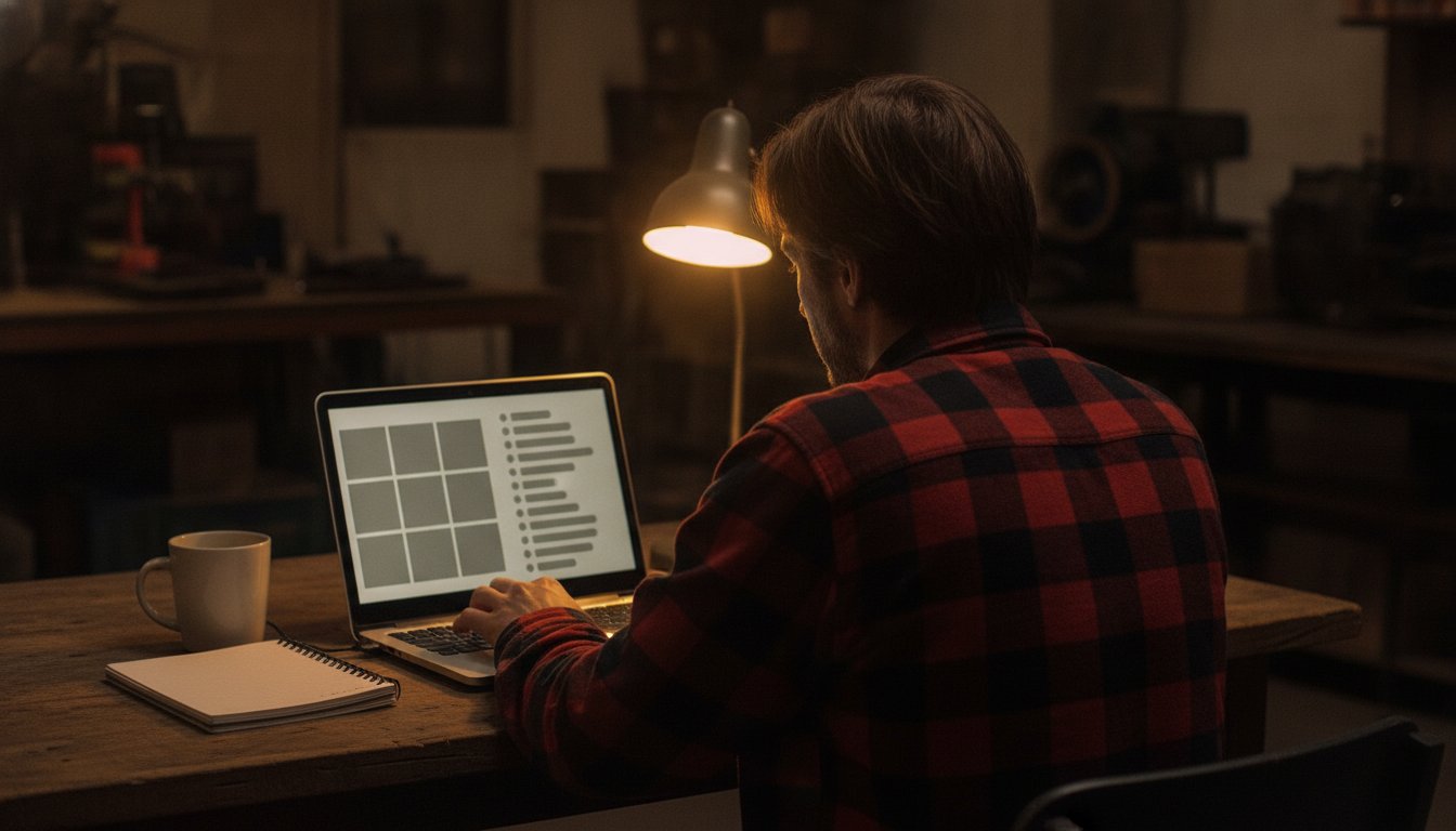 A small business owner working late under a desk lamp, laptop showing a product grid and a listings panel side by side, reconciling an Etsy shop and a Shopify store by hand before getting help with the setup