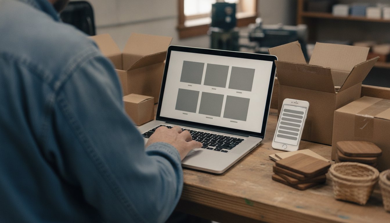 A shop owner at a packing bench checking a laptop showing a grid of product tiles beside a phone showing a different store listing, keeping an Etsy shop and a Shopify store in sync by hand