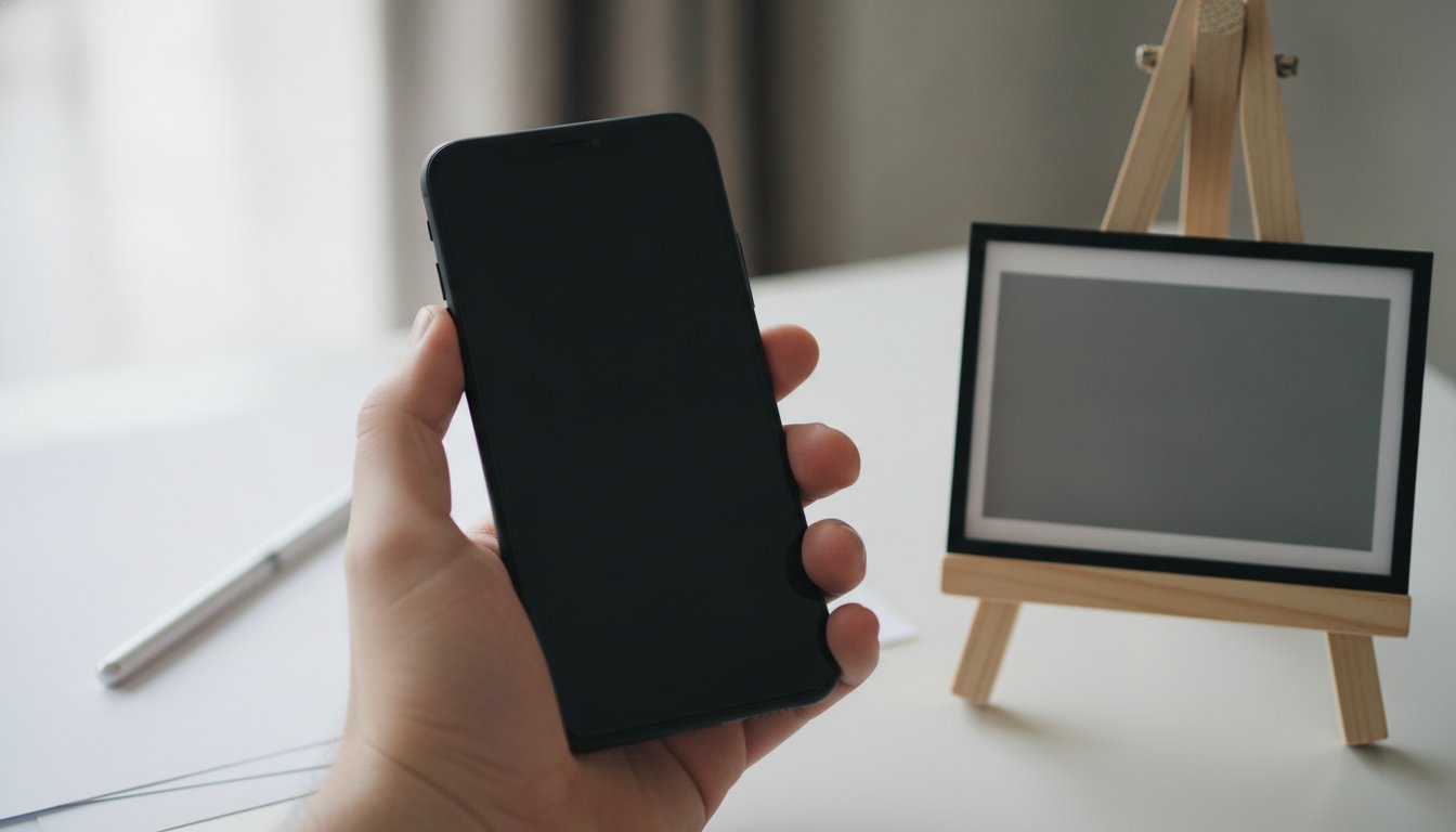 A hand photographing a framed mockup print propped on a small easel, the mockup image step in listing a digital download