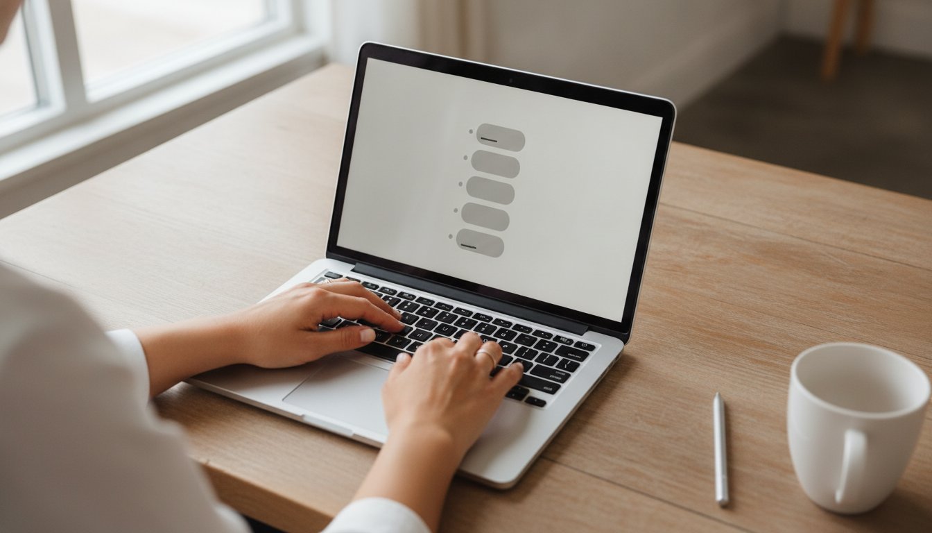 Hands typing on a laptop showing a column of chat bubbles, the steady buyer messages behind the passive income myth of digital downloads