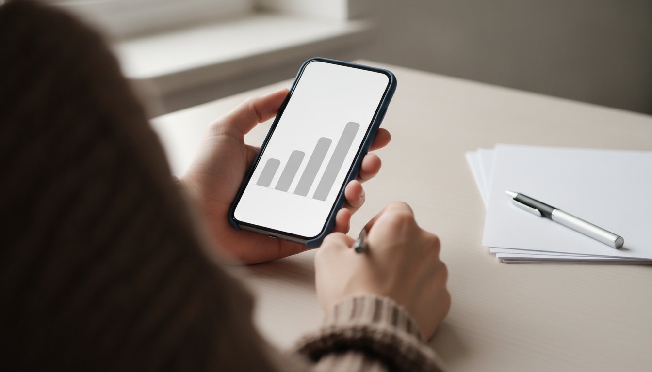 A hand holding a phone showing a bar chart beside blank paper and a pen, tracking digital download income for taxes