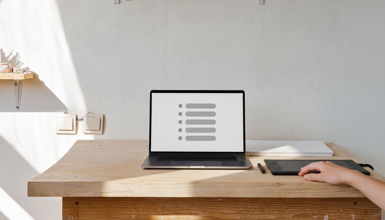 A home studio desk with a laptop showing a plain file list and a hand resting near a drawing tablet, the setup behind selling digital downloads on Etsy